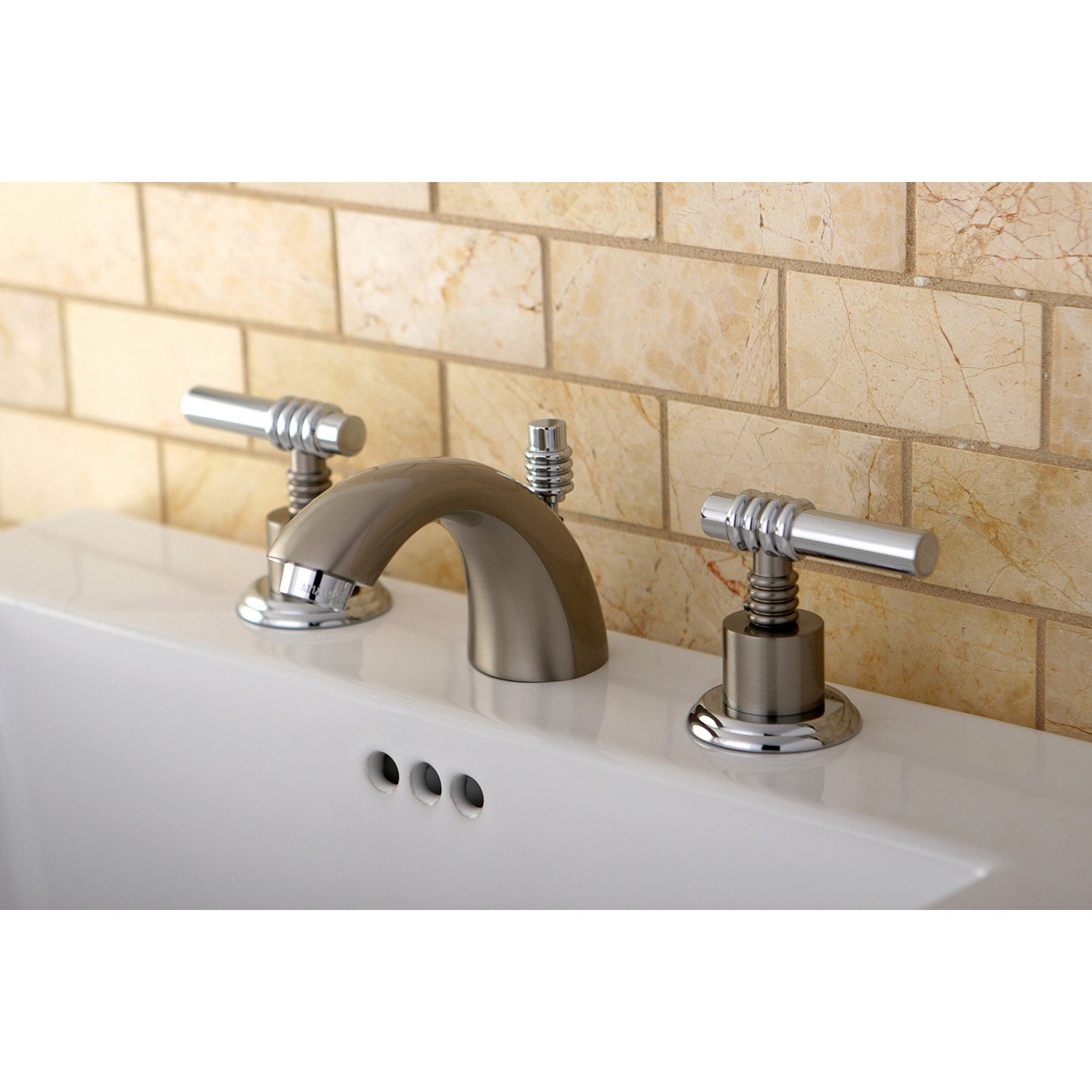 Kingston Tulare KS2957MLTwo-Handle 3-Hole Deck Mount Mini-Widespread Bathroom Faucet with Brass Pop-Up, Brushed Nickel/Polished Chrome — thumbnail 2